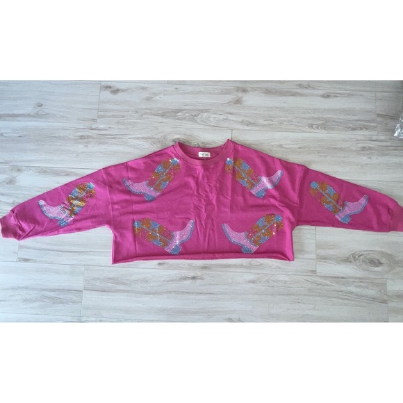 NWT Peach Love California Pink Sequin Cowboy Boots Cropped Sweatshirt L Festival - Picture 2 of 11
